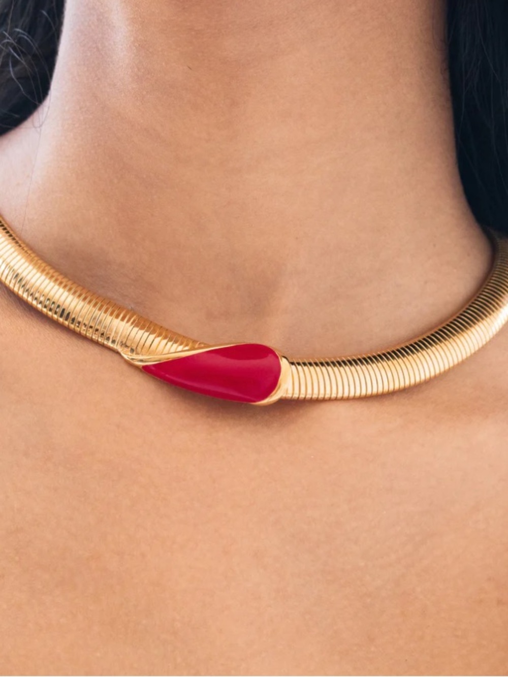 Monet Vintage 1980’s Tubogas Snake Collar Gold Tone Red Enamel Collar Necklace
